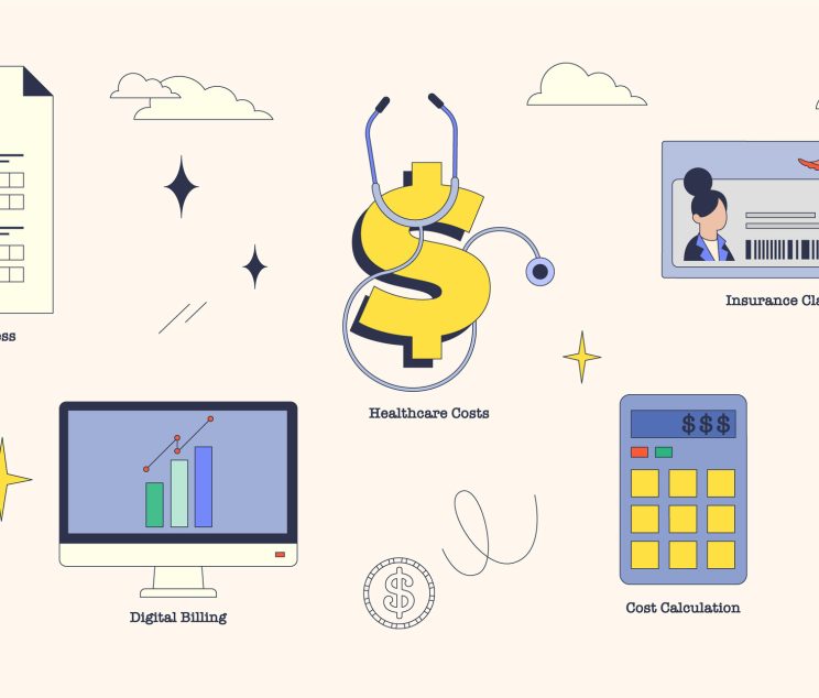 Illustration of medical billing elements with stethoscope, dollar sign, and computer in neubrutalism style collection.