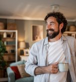 Happy man with beard and curly hair holding a mug and smiling while looking away in his cozy living room, enjoying a moment of peace at home