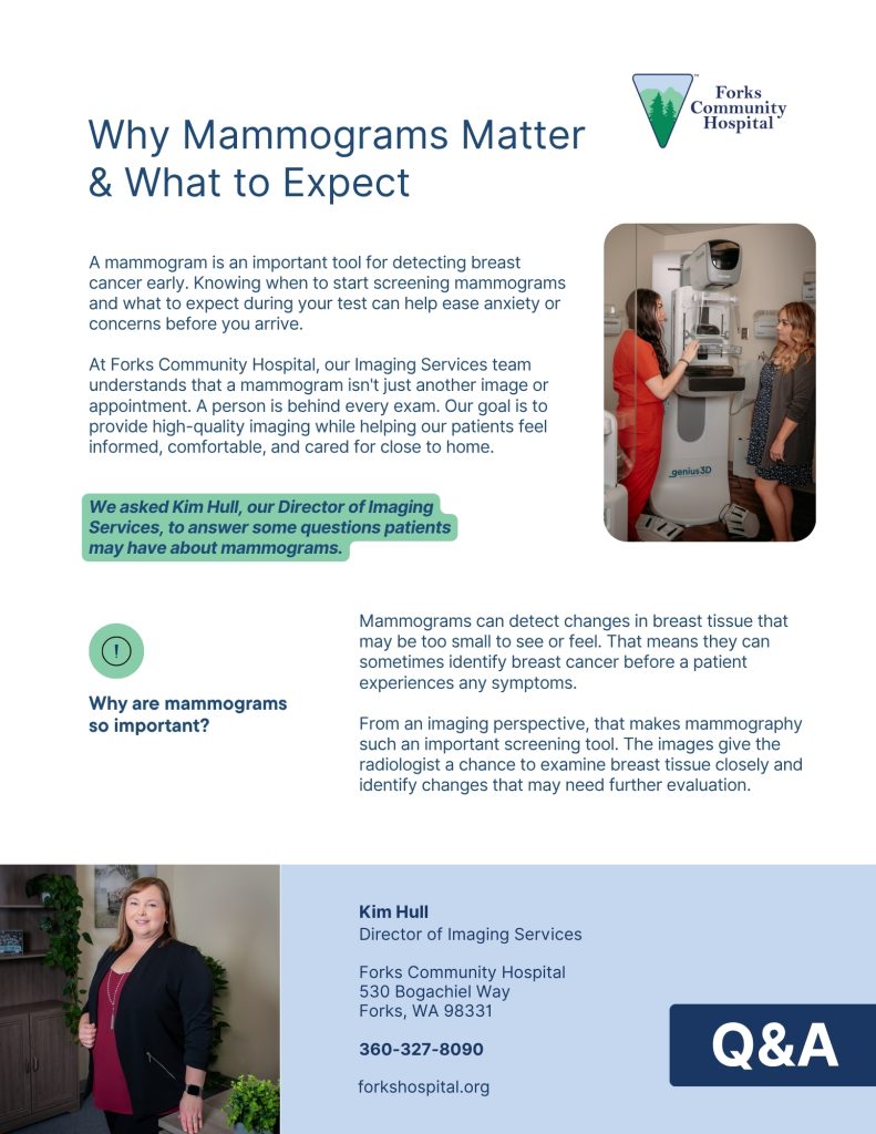 over of the Forks Community Hospital Q&A flyer "Why Mammograms Matter & What to Expect," featuring Kim Hull, Director of Imaging Services, and a photo of a patient with a technologist beside a mammography machine.